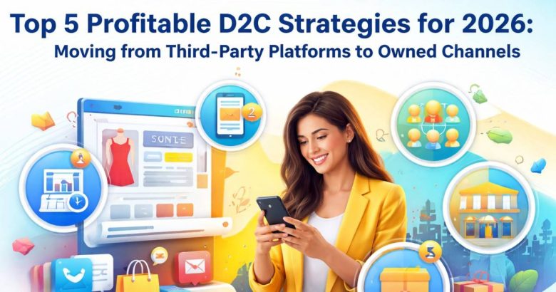Illustration showing a D2C brand shifting from third-party marketplaces to owned channels like websites, apps, and customer communities, highlighting data-driven growth.