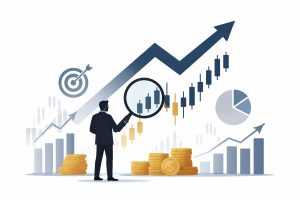 Minimal flat vector illustration of a financial analyst holding a magnifying glass over a rising stock market chart with upward arrow and bar graphs on a white background.