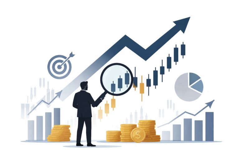 Minimal flat vector illustration of a financial analyst holding a magnifying glass over a rising stock market chart with upward arrow and bar graphs on a white background.