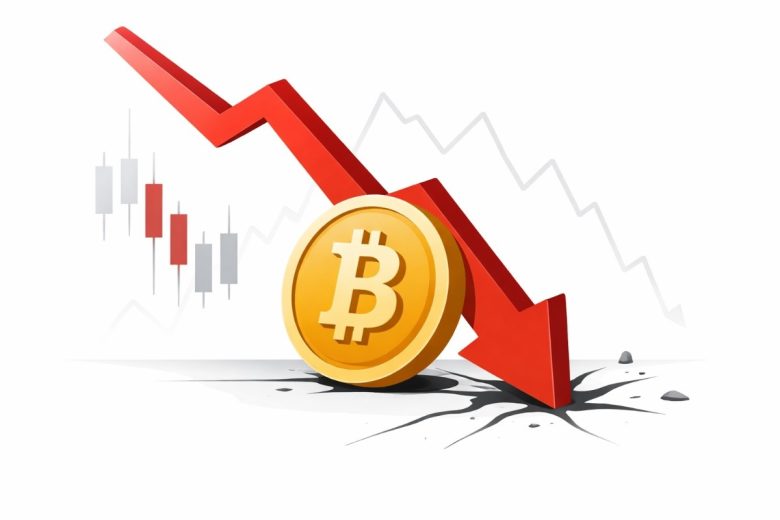 A minimal flat vector illustration of a large gold Bitcoin coin struck by a bold red downward arrow, symbolizing a sharp decline in cryptocurrency markets, set against a white background with faint chart lines.