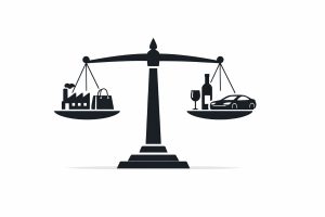 Minimal flat vector illustration of a balanced weighing scale with a small shop icon on one side and stacked coins on the other, symbolizing GST rate changes and impact on small businesses, on a white background.