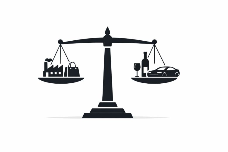 Minimal flat vector illustration of a balanced weighing scale with a small shop icon on one side and stacked coins on the other, symbolizing GST rate changes and impact on small businesses, on a white background.