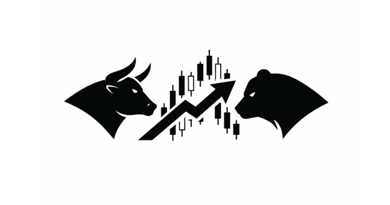 Minimal flat vector illustration of a black stock market candlestick chart with sharp upward and downward movements, symbolizing volatility in financial markets, set against a clean white background.