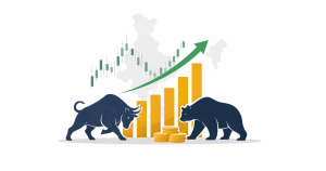 Minimal flat vector illustration of a rising stock market chart line forming an upward arrow, set against a clean white background, symbolizing equity market momentum and financial growth.