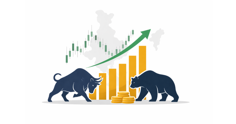 Minimal flat vector illustration of a rising stock market chart line forming an upward arrow, set against a clean white background, symbolizing equity market momentum and financial growth.
