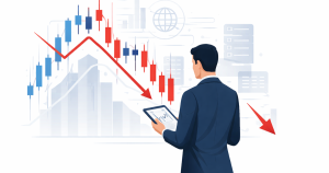 Flat vector illustration of a businessman holding a tablet while looking at a large red downward stock chart with candlestick bars on a white background.