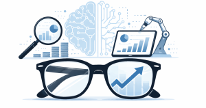 Minimal flat vector illustration of a pair of eyeglasses with an upward growth arrow reflected in the lenses, symbolizing profit growth and AI-driven business expansion on a white background.