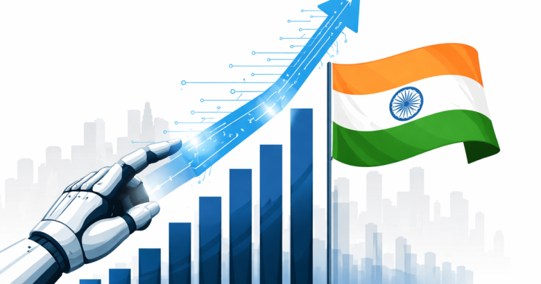 Minimal flat vector illustration of a microchip integrated into a rising stock market arrow, symbolizing artificial intelligence driving market growth, on a white background.