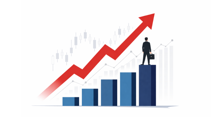 Minimal flat vector illustration of a stylized bull silhouette rising upward with a subtle stock market line graph shape integrated into its body, set against a clean white background.