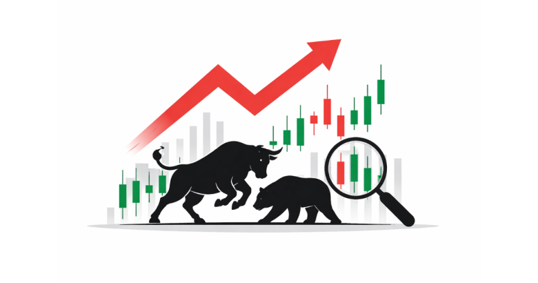 Minimal flat vector illustration of a black candlestick stock chart with sharp upward and downward movements, centered on a white background, symbolizing market volatility.