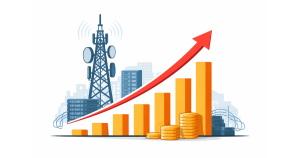 Minimal flat vector illustration of a telecom tower with connected network lines, symbolizing digital infrastructure growth, set against a clean white background.