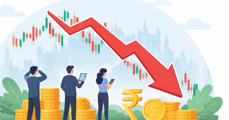 Flat illustration showing a downward market trend with investors, rupee symbol, and stock chart, representing Indian market volatility.