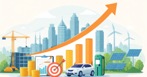 Minimalist illustration representing India’s business growth outlook with abstract symbols of infrastructure, industry, clean energy, and digital economy on a plain background.