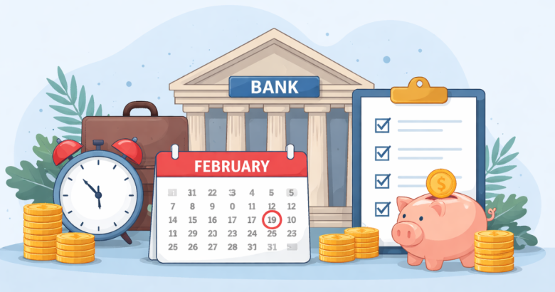 Simple illustration showing a bank building with a February calendar and financial icons, representing bank holidays in India.