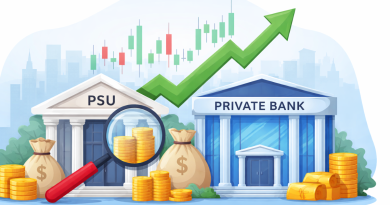 Simple illustration representing the Indian banking sector with abstract financial elements and buildings.