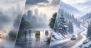 Simple weather illustration showing foggy city roads, rainfall in an urban area, and snow-covered hills under winter conditions.