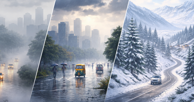 Simple weather illustration showing foggy city roads, rainfall in an urban area, and snow-covered hills under winter conditions.