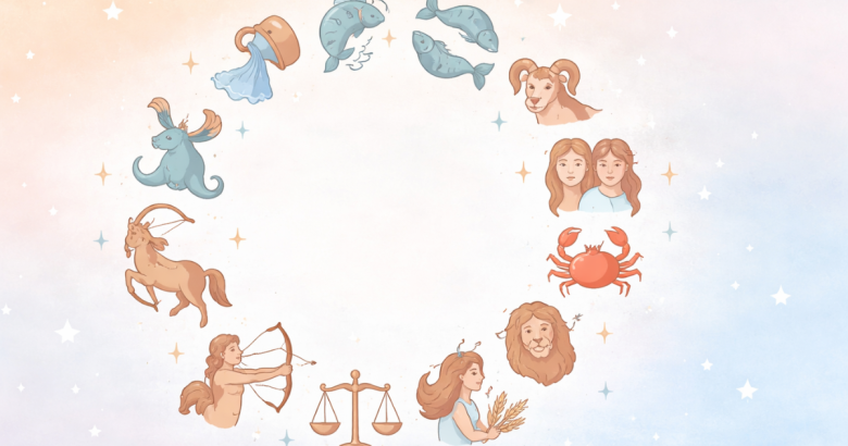 Minimalist astrology illustration with zodiac wheel, moon, and stars symbolising daily horoscope