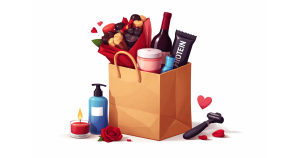 Minimal editorial illustration of a shopping bag filled with modern Valentine’s Day gifts on a white background