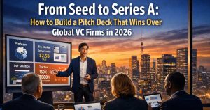 A startup founder presenting a pitch deck to global venture capital investors in a high-rise boardroom, with financial charts on screens and a city skyline at sunset symbolising the journey from seed funding to Series A.