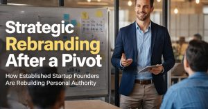 Illustration of an experienced startup founder confidently moving toward a new strategic direction, symbolizing personal rebranding and renewed leadership after a business pivot.