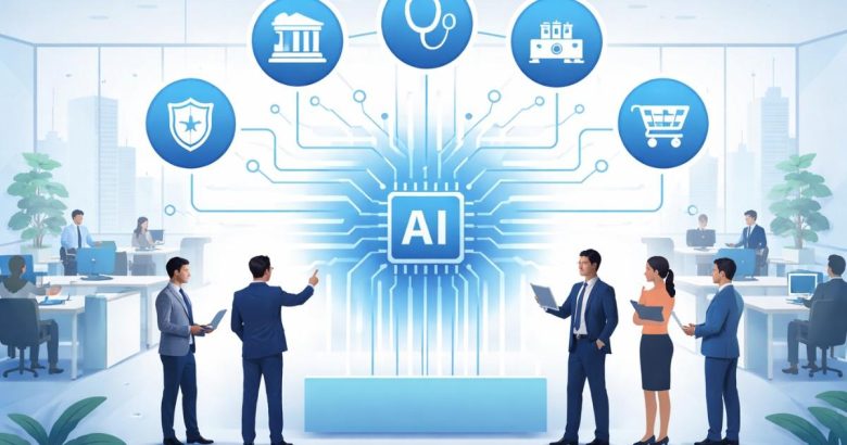 Simple illustration of a central AI system connected to multiple enterprise workflows in a modern Indian office setting.