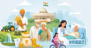 Simple illustration showing citizens, healthcare, agriculture, and government support in India