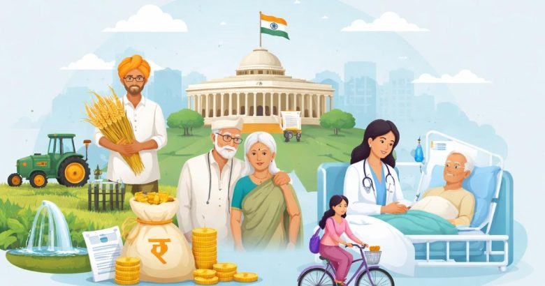 Simple illustration showing citizens, healthcare, agriculture, and government support in India