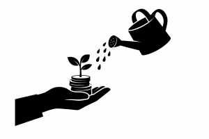 Minimal editorial illustration of a growing plant emerging from a coin, symbolizing venture capital investment and the revival of startup funding.