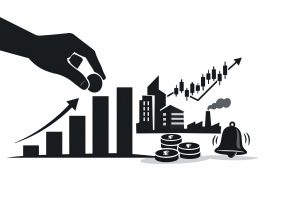 Minimal flat vector illustration of a rising bar chart merging into a factory silhouette, symbolizing companies going public, on a clean white background.