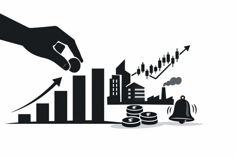 Minimal flat vector illustration of a rising bar chart merging into a factory silhouette, symbolizing companies going public, on a clean white background.