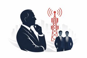 Minimal flat vector illustration of a silhouetted business leader in profile beside a red telecom tower emitting signal waves, symbolizing leadership transition in the telecom sector.