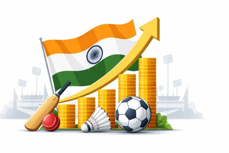 Minimal editorial illustration showing a stylized sports stadium with rising arrows and sports elements symbolizing the growth of India’s sports economy.