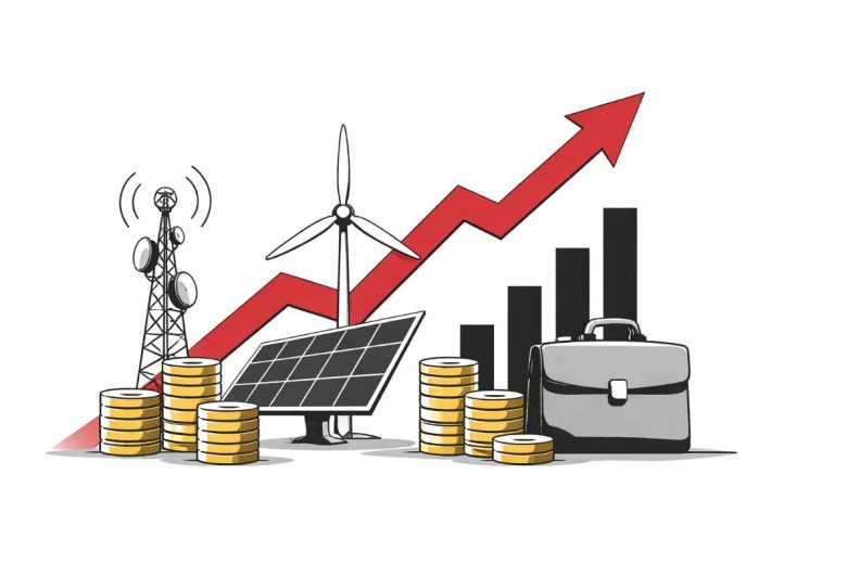 Minimal editorial illustration of an upward stock market chart with abstract financial bars and arrow symbolizing Indian stock market activity and major companies in focus.